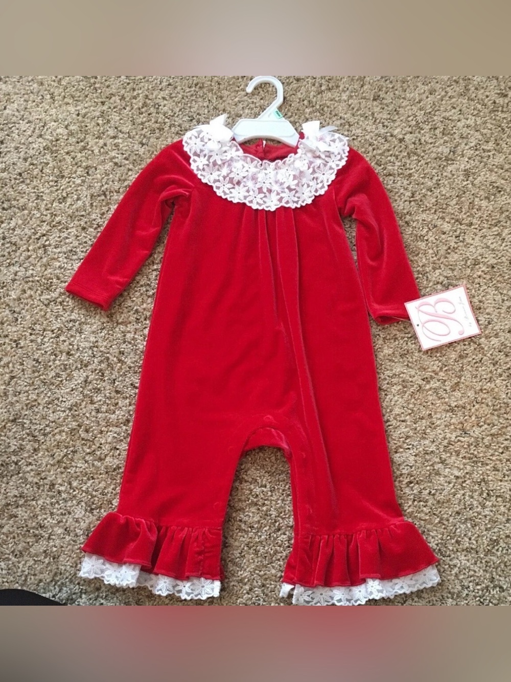 Red Velvet Lace-Trim One-Piece for Kids
